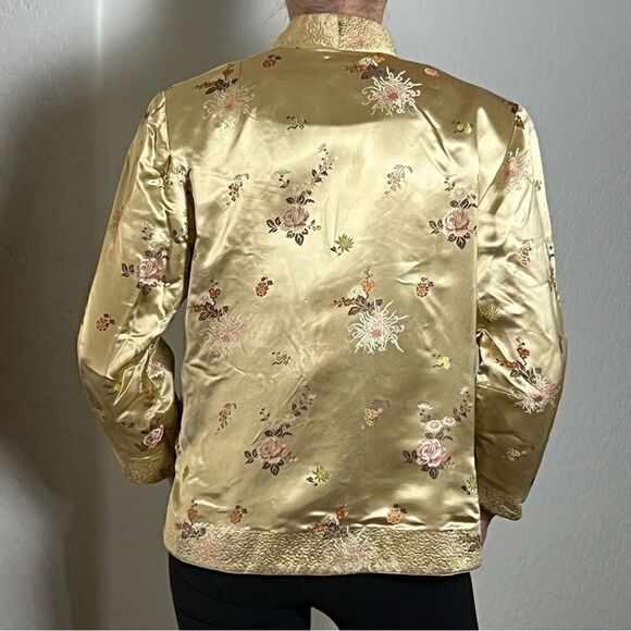 Silk Jacket Quilted Red Gold Boxy Split Hem 3/4 Sleeve Reversible Floral M - Picture 4 of 14